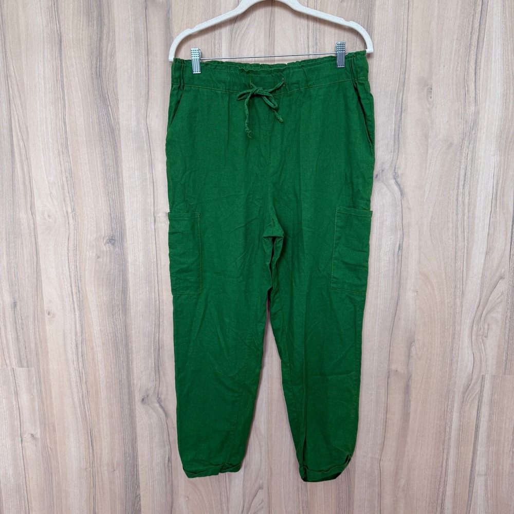 Jules & Leopold Women Linen Pants L Green Cargo Coastal Boho Sustainable Earthy